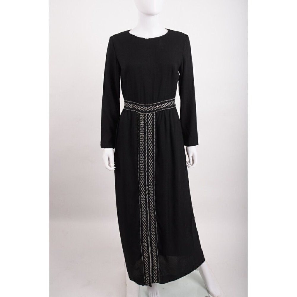 Vintage 70s Montgomery Ward Womens Hostess Gown Dress Black Metallic Silver M